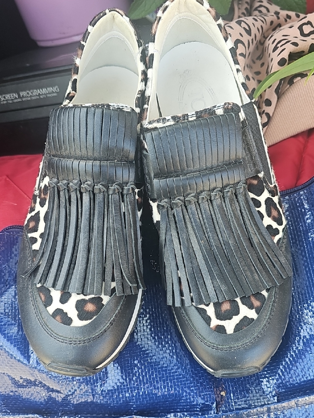 Tod's Black Leather Fringe Moccasins with Leopard Print